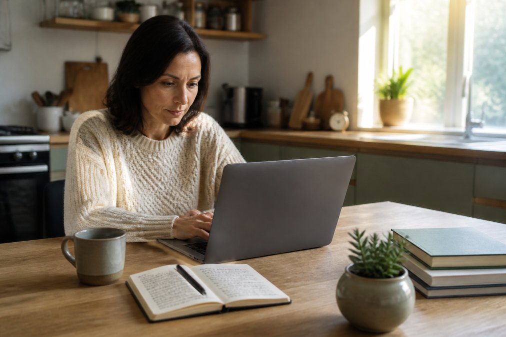 A professional in their 40s working on a laptop at a kitchen table in the early morning, coffee mug nearby, notebook with handwritten goals open beside the computer