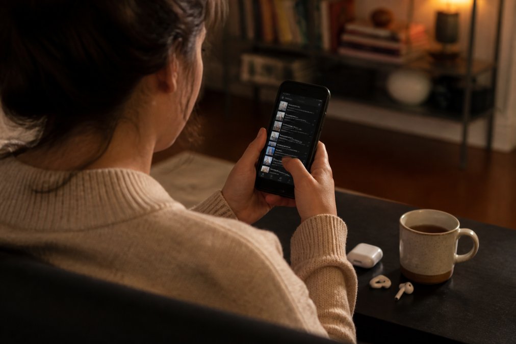 Over-the-shoulder view of a person in a dimly lit living room scrolling through a podcast app on their smartphone, earbuds resting on the table beside a mug of tea