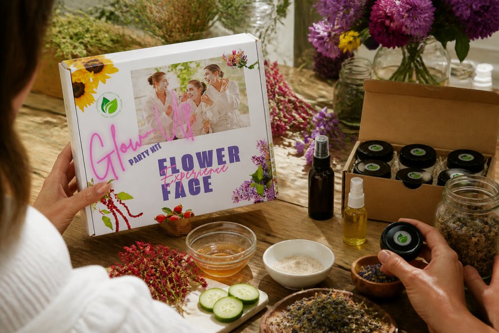 Close-up of hands holding botanical products, natural skincare items, and wellness materials on a wooden table during a workshop session, with soft diffused natural light creating warm shadows