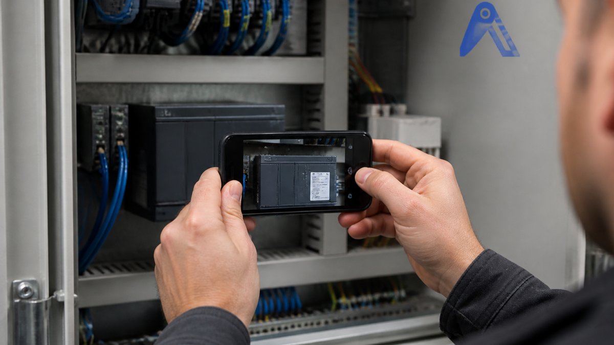Technician photographing a nameplate to identify hard-to-find PLC parts in a control cabinet