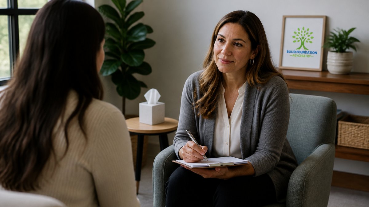 Mental health professional in a calm clinical office setting, listening attentively to a patient seated across from them, with warm natural lighting streaming through windows and comfortable furniture