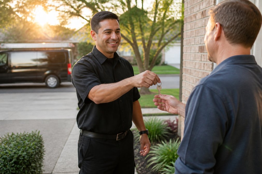 A professional locksmith in a branded uniform handing a new set of keys to a homeowner at a front door, with a mobile service van visible in the background during golden hour lighting