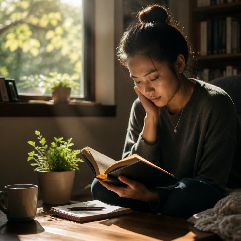 A person reading spiritual literature in a quiet corner with a notebook in soft morning light