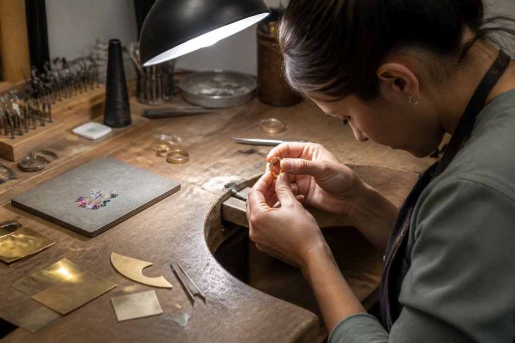 Jeweller working intently at a wooden workbench, examining a handcrafted gold ring under bright task lighting, surrounded by scattered gemstones, precious metal sheets, and fine tools