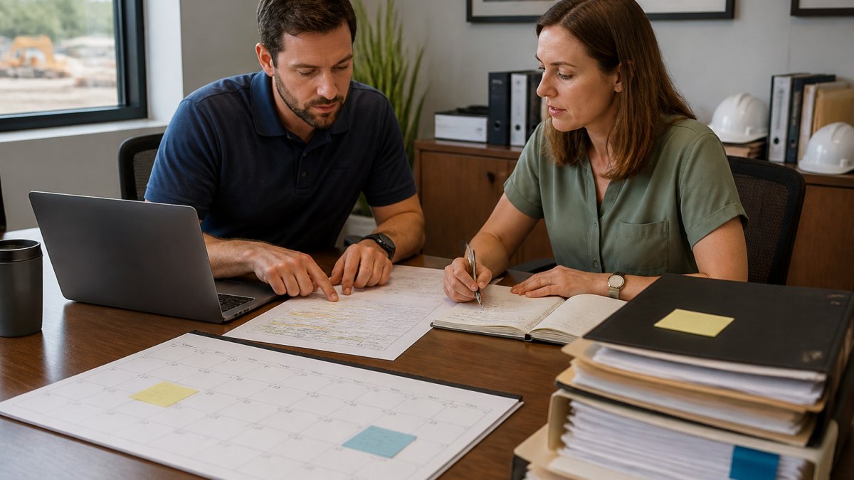Two business professionals organizing bid documents and deadlines to assist in finding infrastructure bids for small firms.
