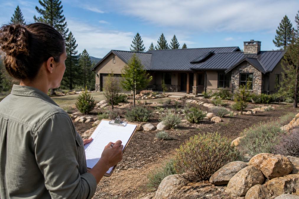 A homeowner standing in their yard reviewing a checklist on a clipboard, with a wildfire-resistant roof and cleared defensible space visible in the background