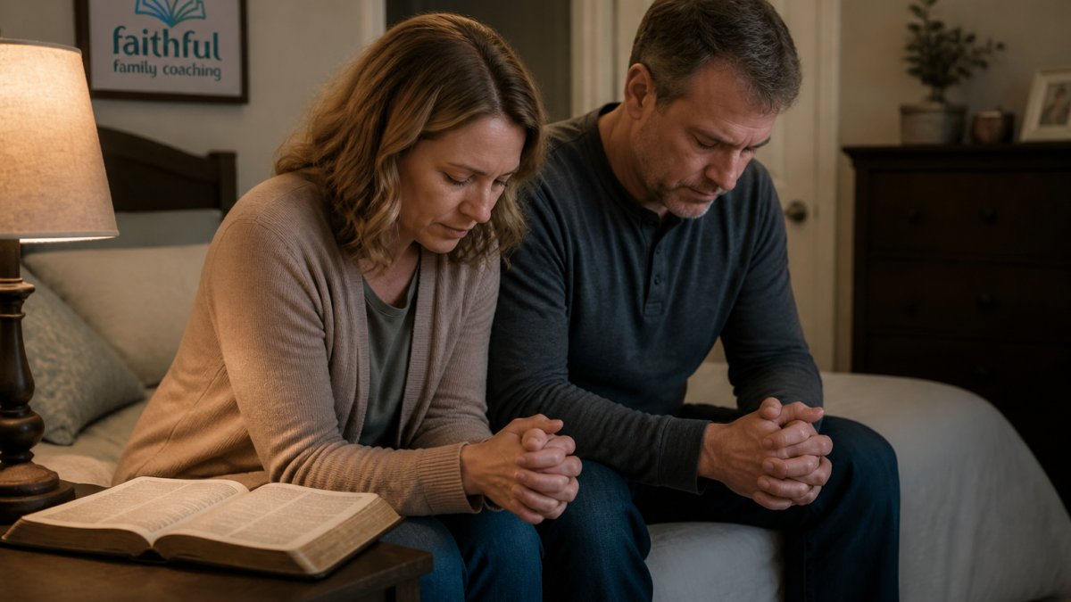 A married couple in their forties sitting close together on the edge of a bed in a softly lit bedroom, heads bowed and hands clasped, a worn Bible open on the nightstand beside them