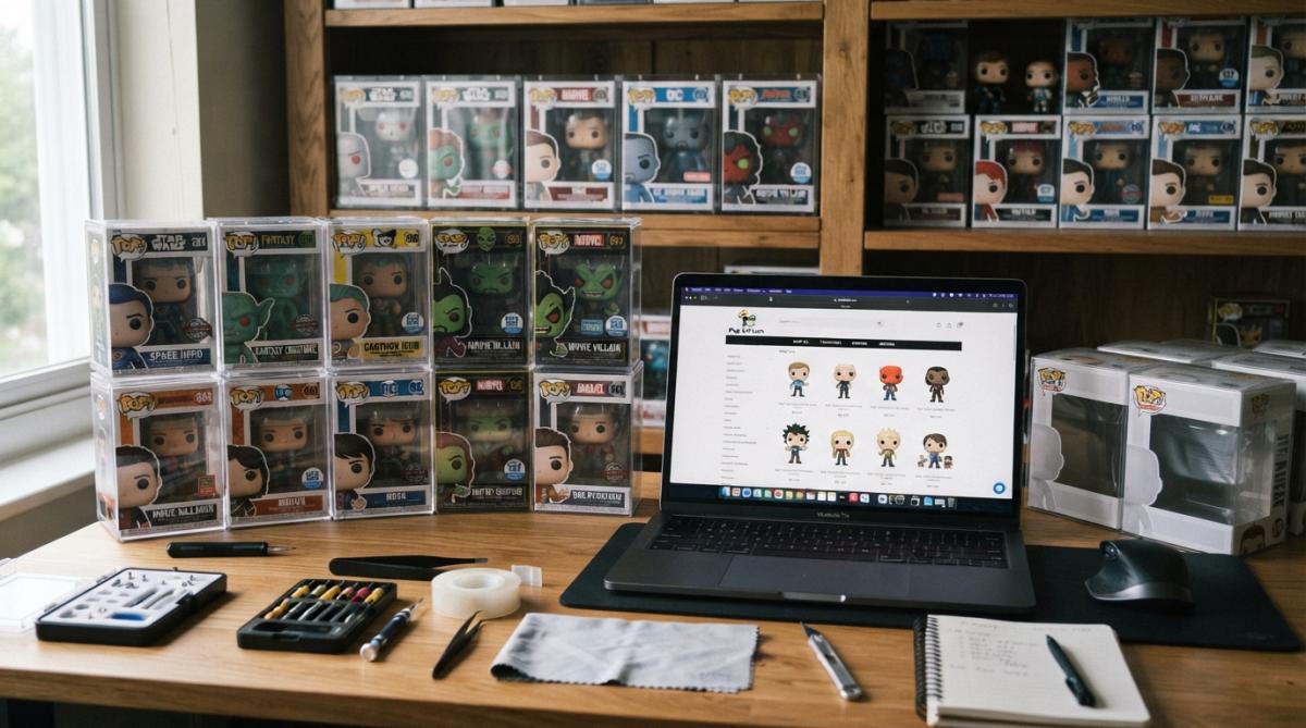 Collector shelving featuring limited edition pop vinyls in protective cases next to an open online store.