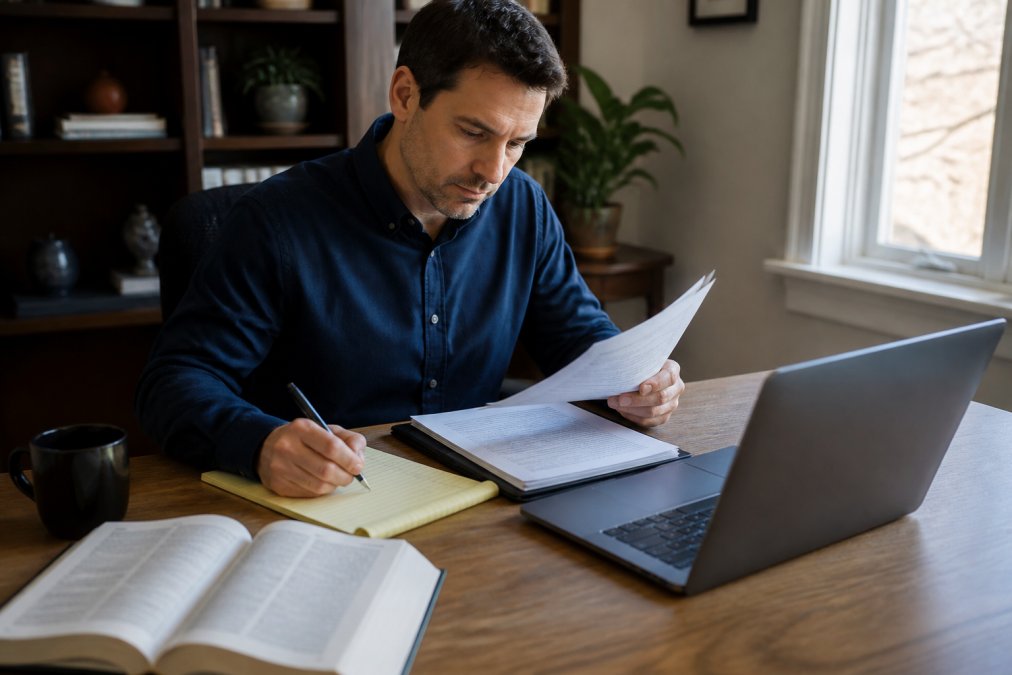 Person sitting at a desk with a laptop and notepad, making notes while reviewing documents and preparing for a legal consultation in a bright home office
