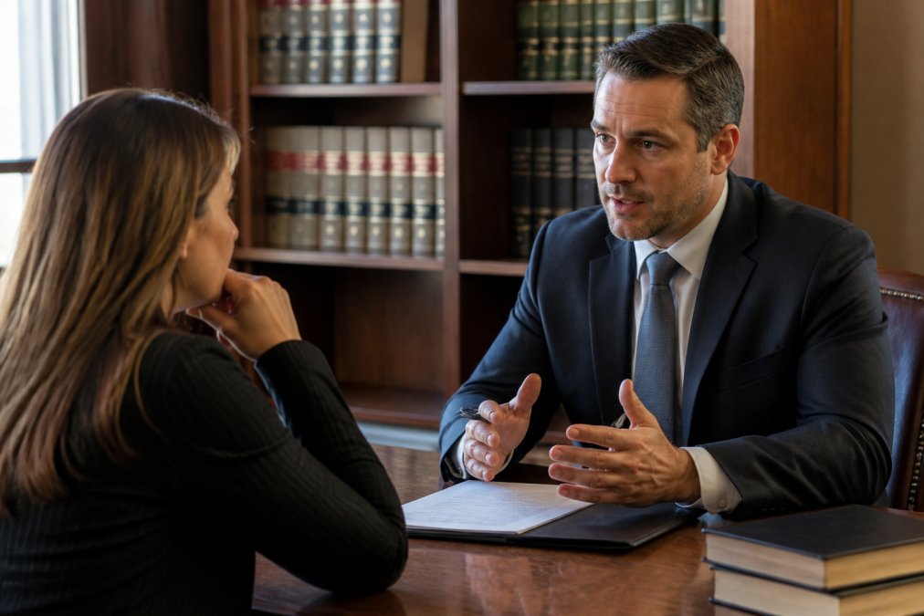 Professional attorney and client sitting across from each other in a law office conference room with wooden furniture and soft lighting, having a serious discussion about case details