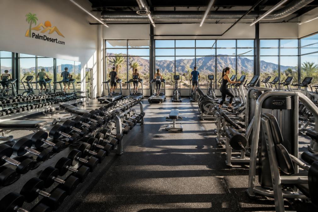 A spacious, well-lit fitness center with rows of modern cardio machines and weight racks, large windows showing a desert landscape outside, a few people exercising in the background under bright natural light