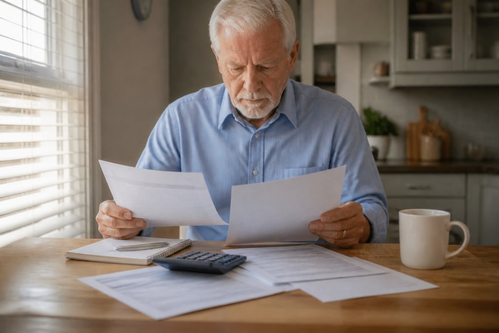 A senior man reviewing health plan documents at a kitchen table with a cup of coffee, comparing papers side by side under warm morning light