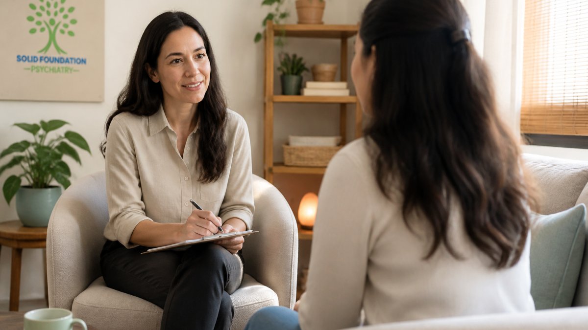 Professional clinician in consultation with patient in calm, welcoming therapy office with soft lighting, comfortable seating, and supportive environment