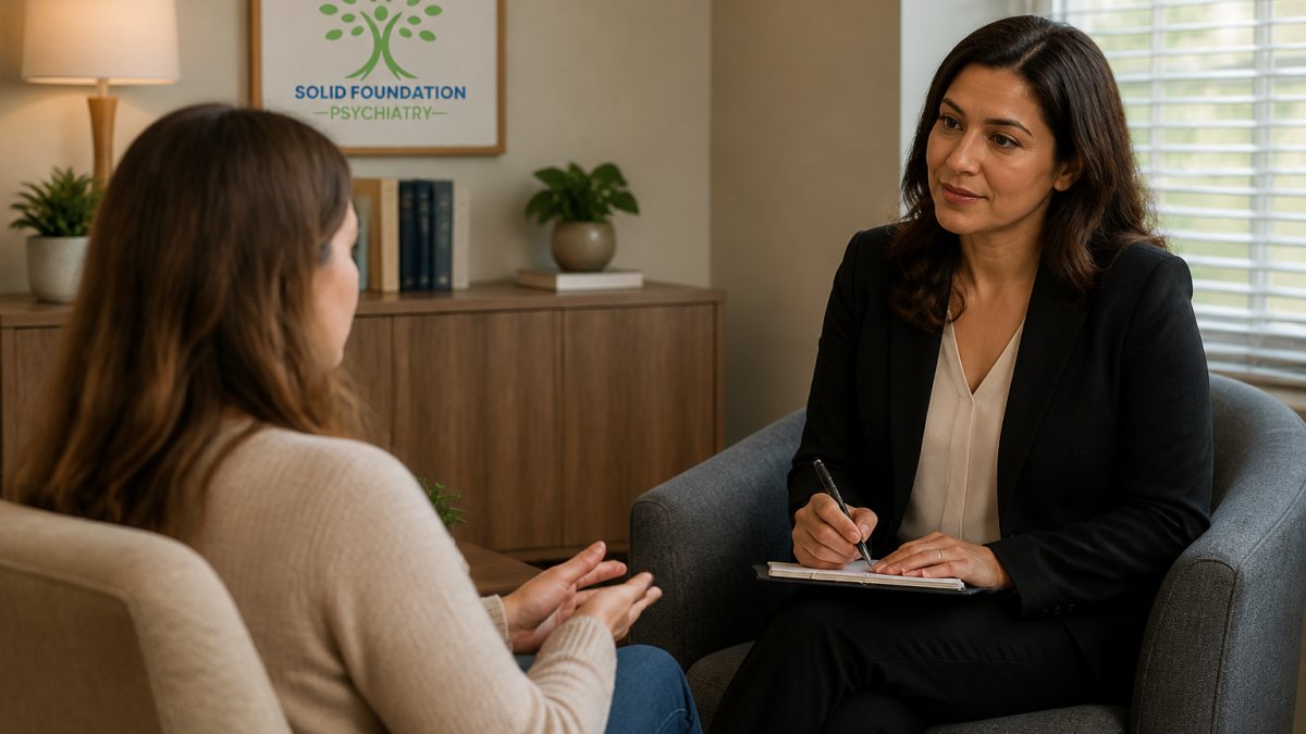 Professional psychiatrist in calm clinical office with warm lighting, comfortable seating, and therapist listening attentively to patient in supportive conversation