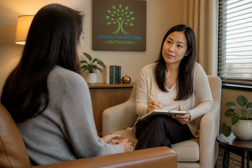 Professional mental health clinician listening attentively to patient in calm, welcoming office with soft lighting, comfortable seating, and warm earth tones
