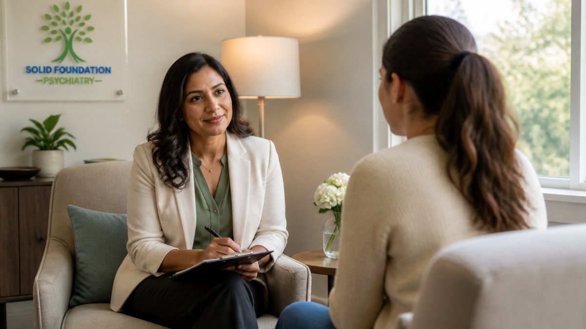 Compassionate psychiatrist providing mental health support Pearland in a calm, welcoming office setting