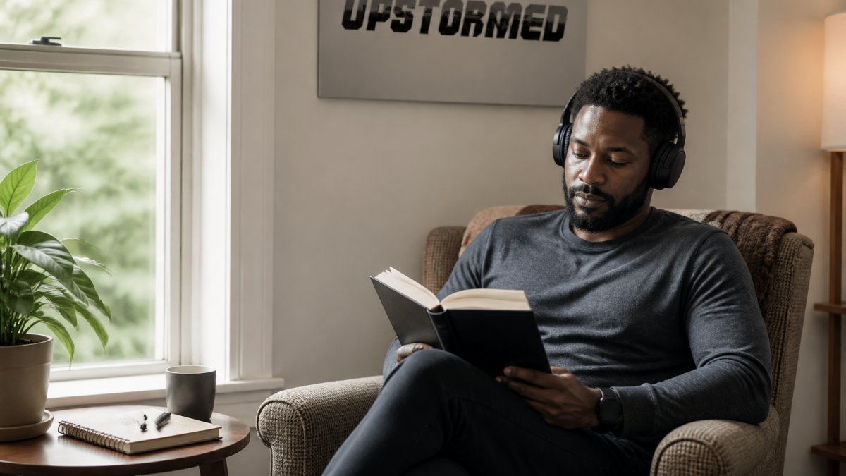 A person sitting in a comfortable armchair with an open book in one hand and headphones on, soft natural light through a window, a notebook and pen on the side table