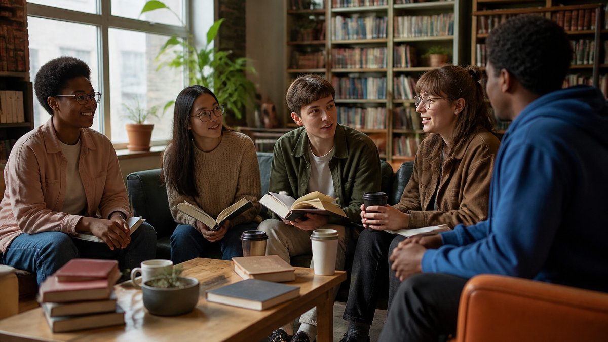 Diverse group of readers sitting together in a cozy reading space with laptops and books visible, engaged in conversation about sci-fi stories in warm natural lighting