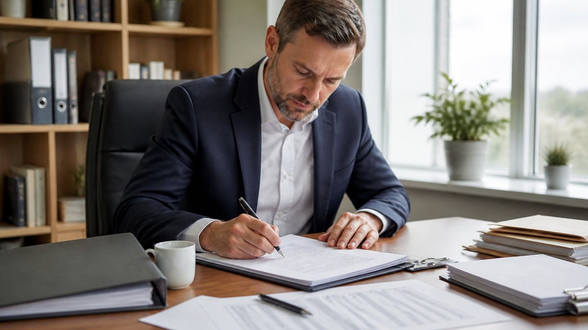 Business professional at desk writing correspondence with business documents, contact list, and laptop visible in organized office setting with natural window lighting