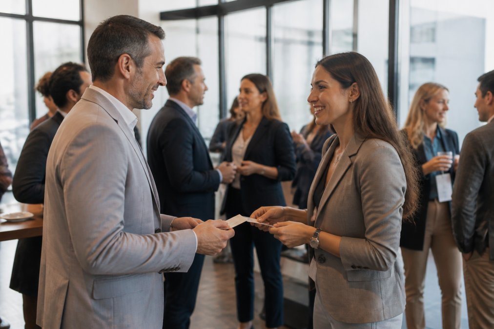 Real estate professionals in business casual attire exchanging business cards and discussing properties at a networking event in a modern Burbank office space, natural window lighting, professional but relaxed atmosphere