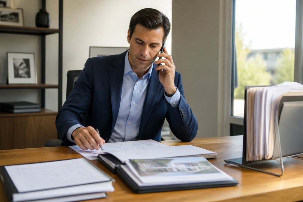 Real estate professional seated at a modern office desk, reviewing property documents and notes while on a phone call, with a computer monitor and organized files visible, professional office lighting