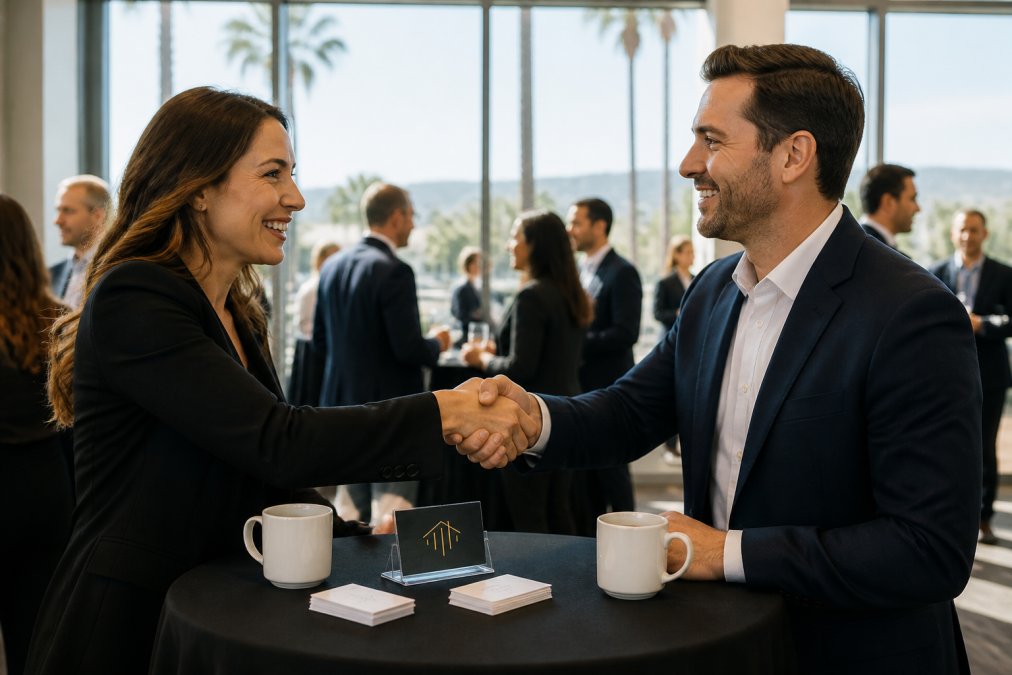 Two real estate professionals shaking hands at a formal networking event, business cards and coffee cups visible on the table between them, natural office lighting from large windows