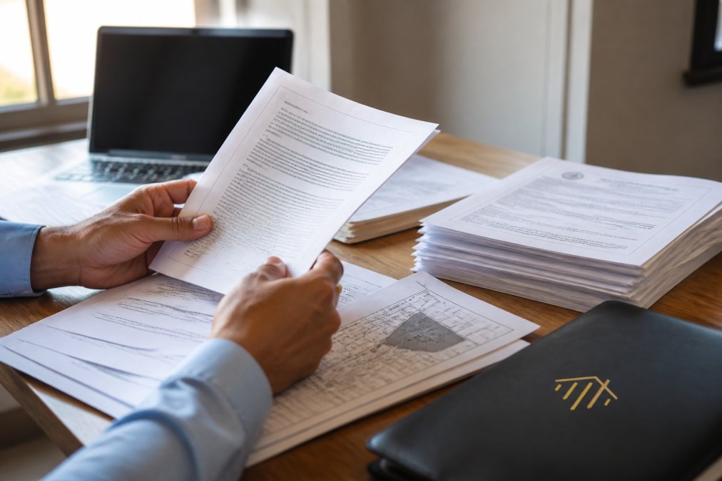 Close-up of hands holding and reviewing property deed documents spread across a desk, with a laptop displaying a property database interface in the background, natural afternoon light from office windows