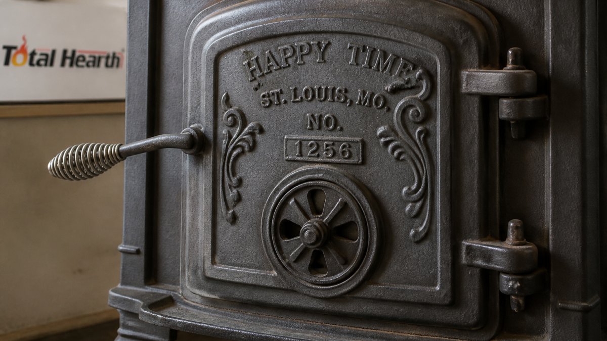 Diagram showing how to locate the manufacturer name and serial number on an antique cast-iron stove door