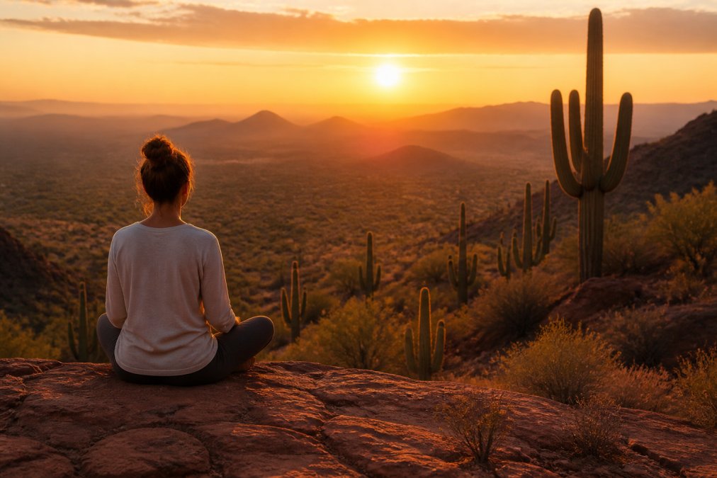 A solitary figure sitting cross-legged on a red rock ledge overlooking a vast Sonoran Desert landscape at golden hour, with saguaro cacti silhouetted against a warm sky
