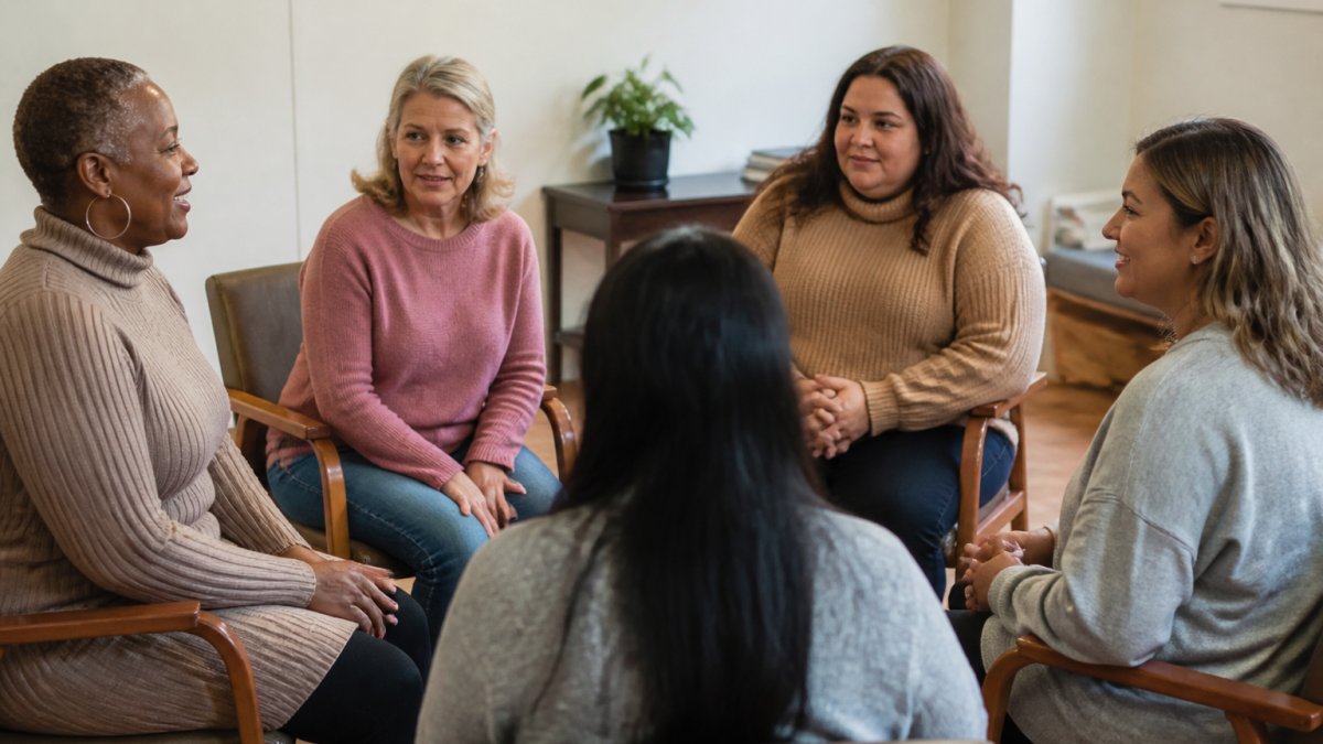 A small circle of diverse caregivers sitting in comfortable chairs in a bright community room, talking and listening to each other with warm, supportive expressions