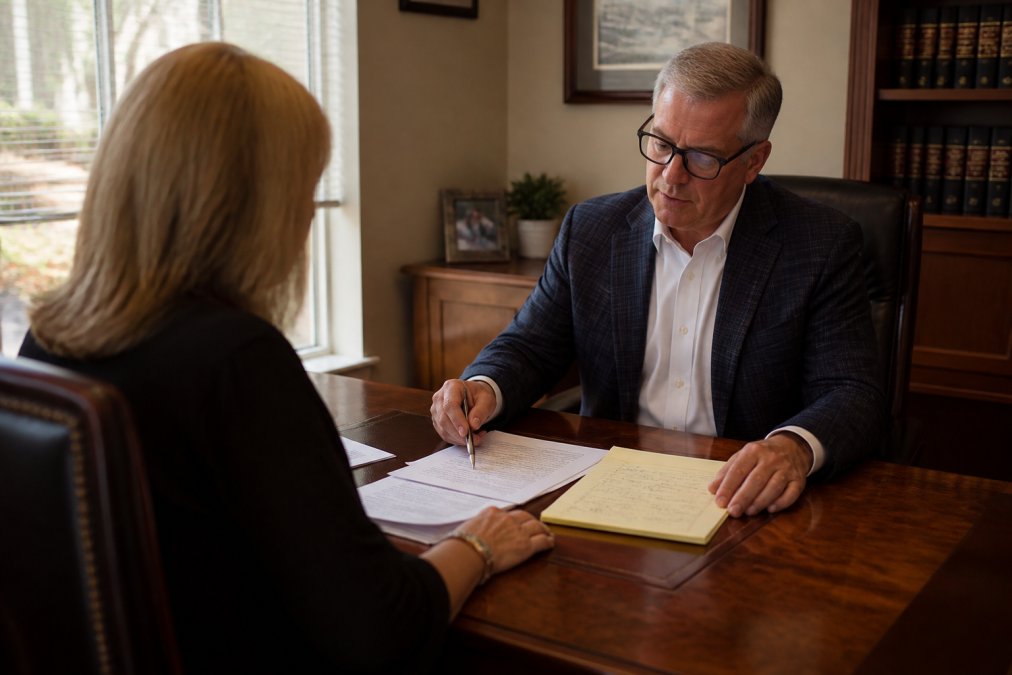 A client and attorney seated across a wooden desk in a quiet law office, reviewing printed documents and a legal pad with handwritten notes, warm natural light from a window