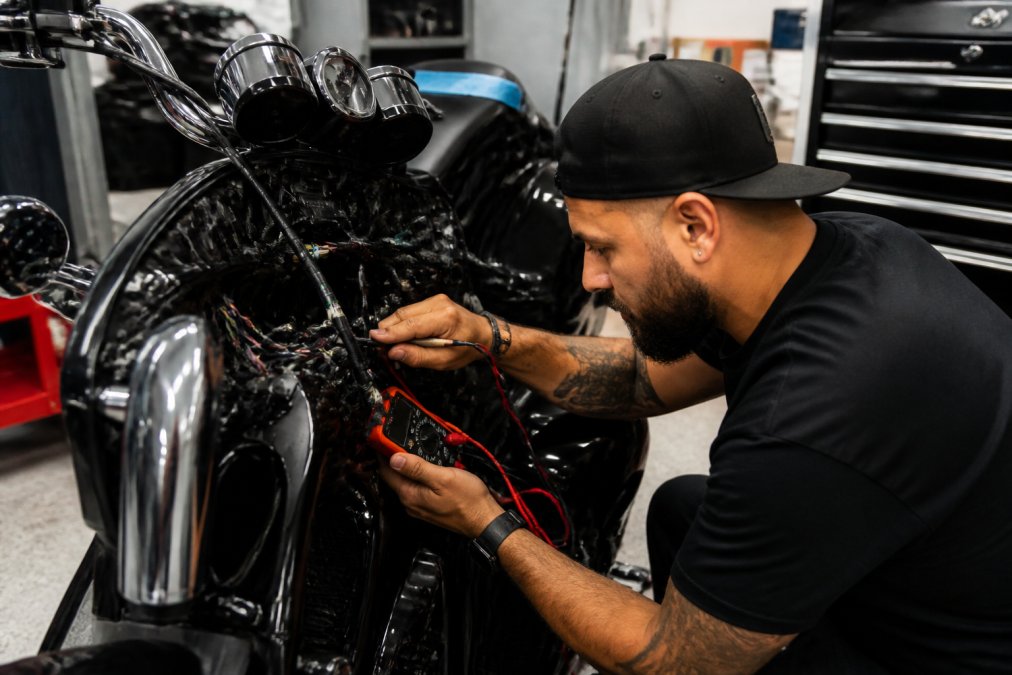 Professional audio technician carefully routing weatherproof wiring harness through motorcycle fairing while checking connections with multimeter in well-lit custom shop