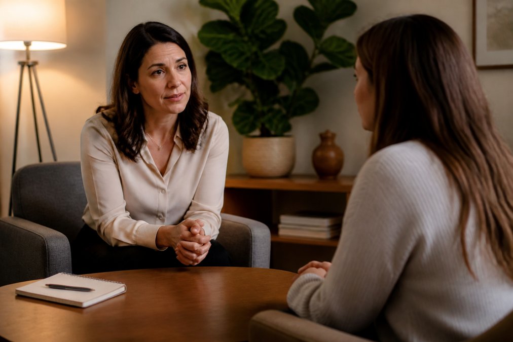A compassionate psychiatrist sitting across from a patient in a calm, warmly lit office, both engaged in a supportive conversation, with a notepad and pen resting on the desk beside them