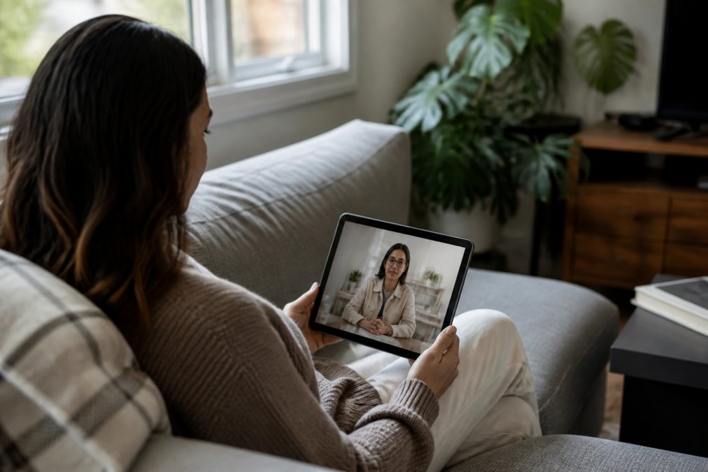 A person sitting comfortably at home on a couch, holding a tablet on their lap, participating in a video call with a mental health provider, with soft natural light streaming through a nearby window