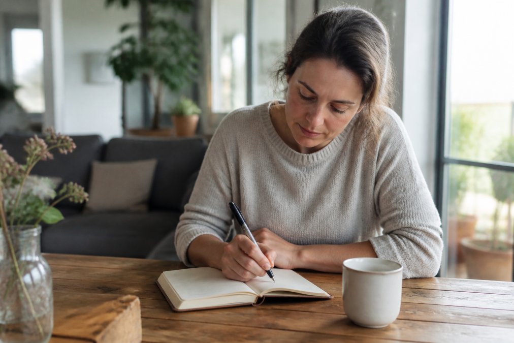 Person writing a list of career goals in a sunlit room while recovering from career burnout.