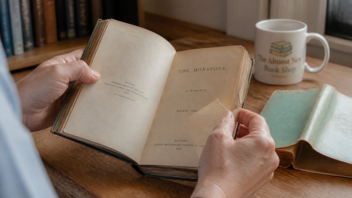 Close-up of hands carefully opening an old hardback book to examine the title page and copyright information, with a dust jacket visible nearby on a wooden table