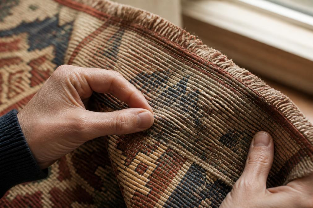 Close-up of hands examining the back of a handwoven kilim, showing warp and weft structure with natural wool texture and color variations under soft natural window light