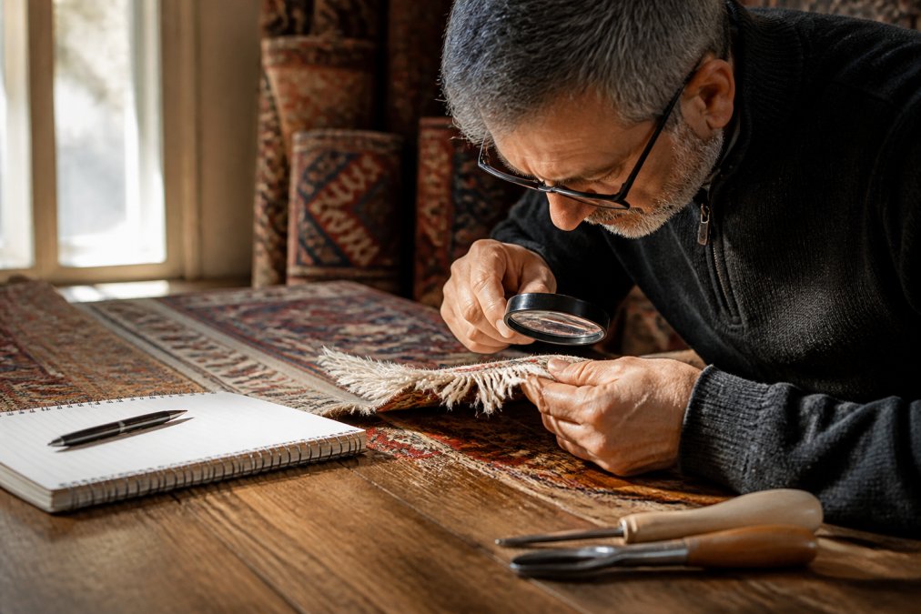 Collector inspecting a vintage kilim on a work surface with magnifying glass, carefully examining fringe details, knots, and dye patterns in natural afternoon light