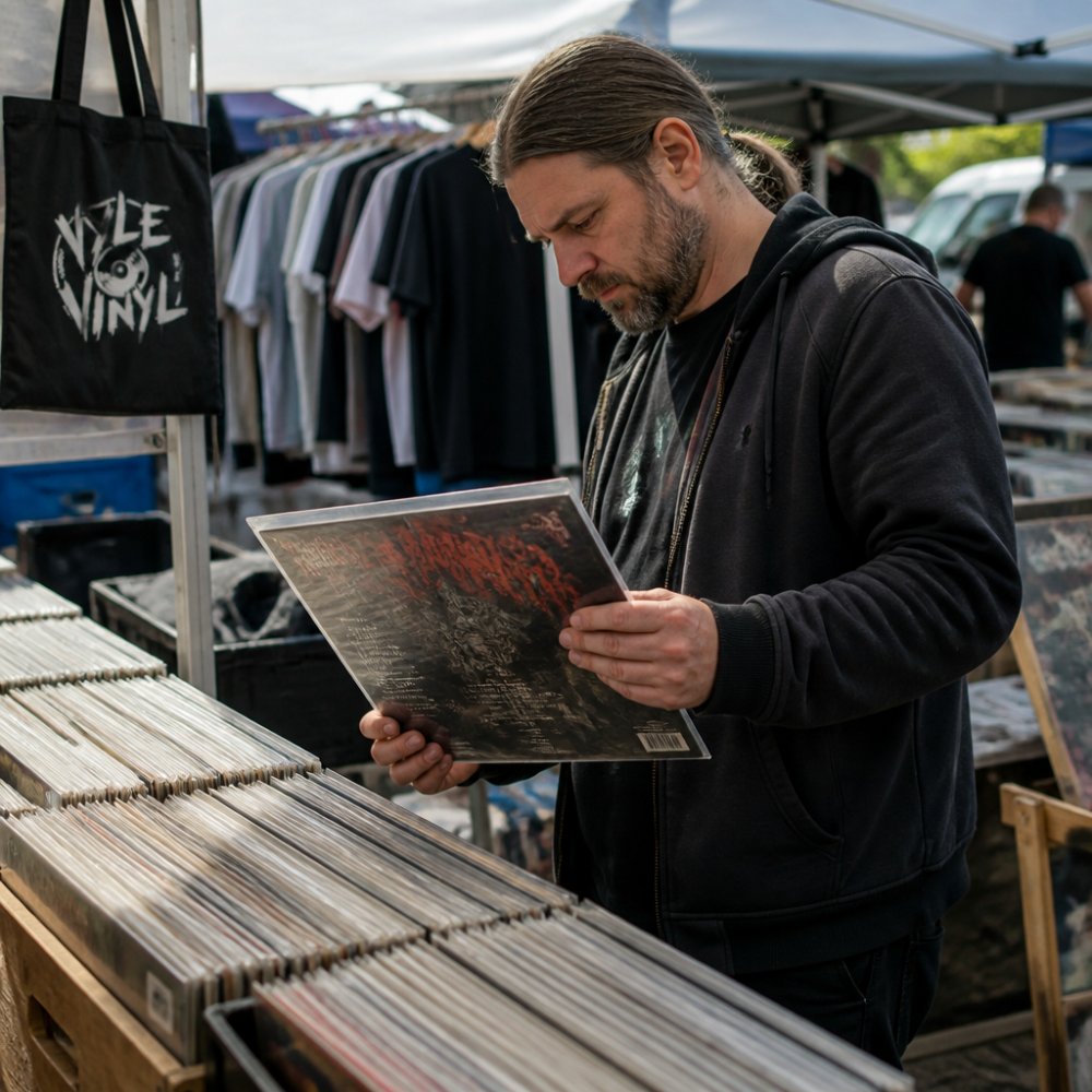 Step-by-step infographic guide for inspecting vinyl record condition at outdoor markets