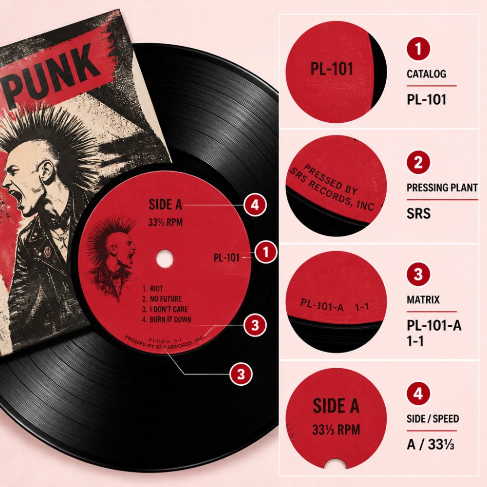 Close-up of vinyl record label showing catalog number, pressing plant information, and matrix details under natural light, with sleeve artwork visible