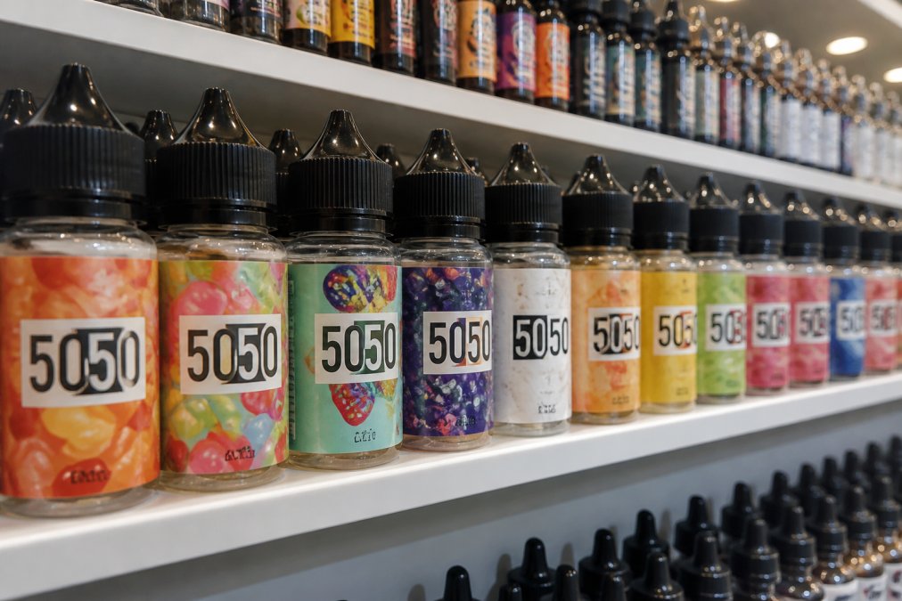 A well-organized retail shelf displaying colorful vape juice bottles from various premium brands, with clear labeling and branding visible in natural lighting