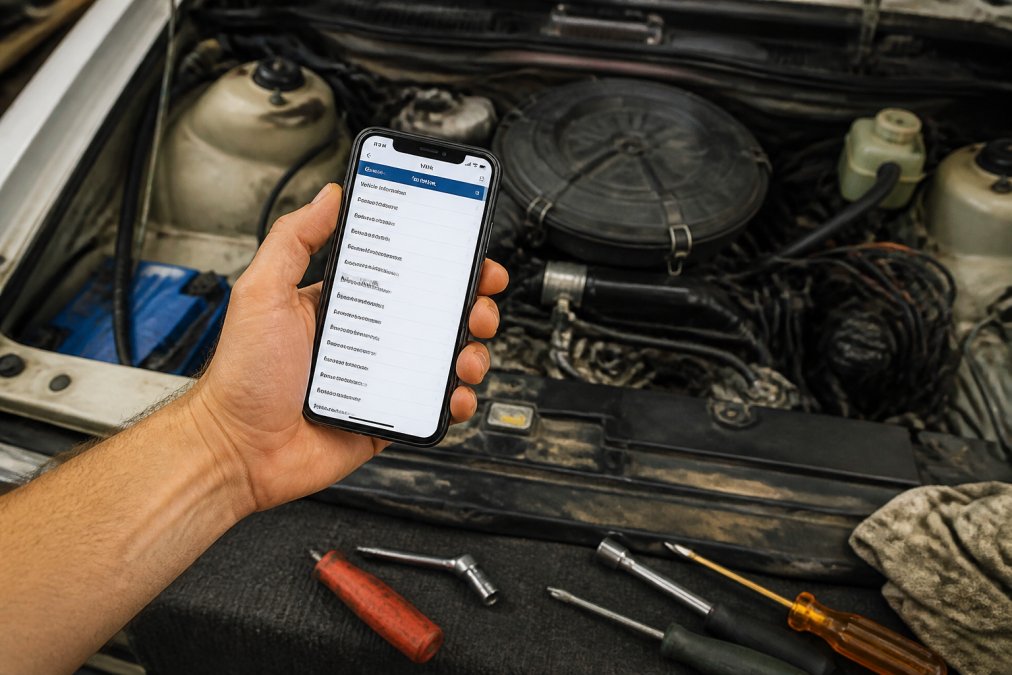 Close-up of a hand holding a smartphone displaying a VIN decoder website, with an older Volkswagen engine bay visible in the background under soft garage lighting