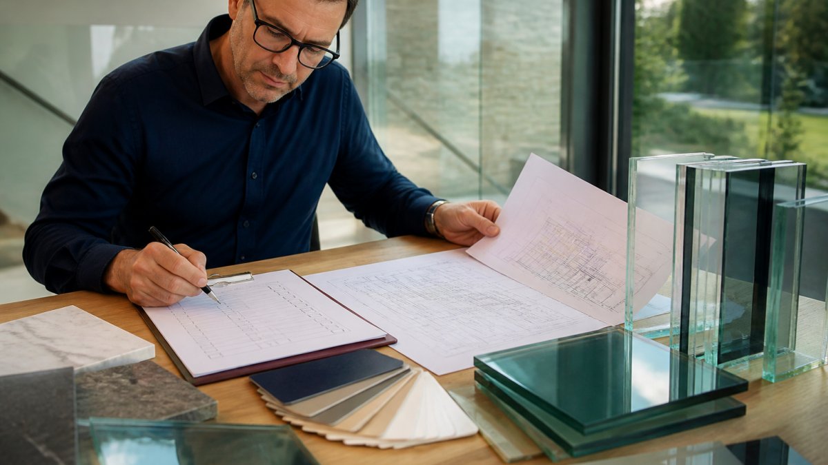 Project manager reviewing technical specifications and architectural plans on desk with glass samples, colour swatches, and a detailed checklist visible, natural office lighting
