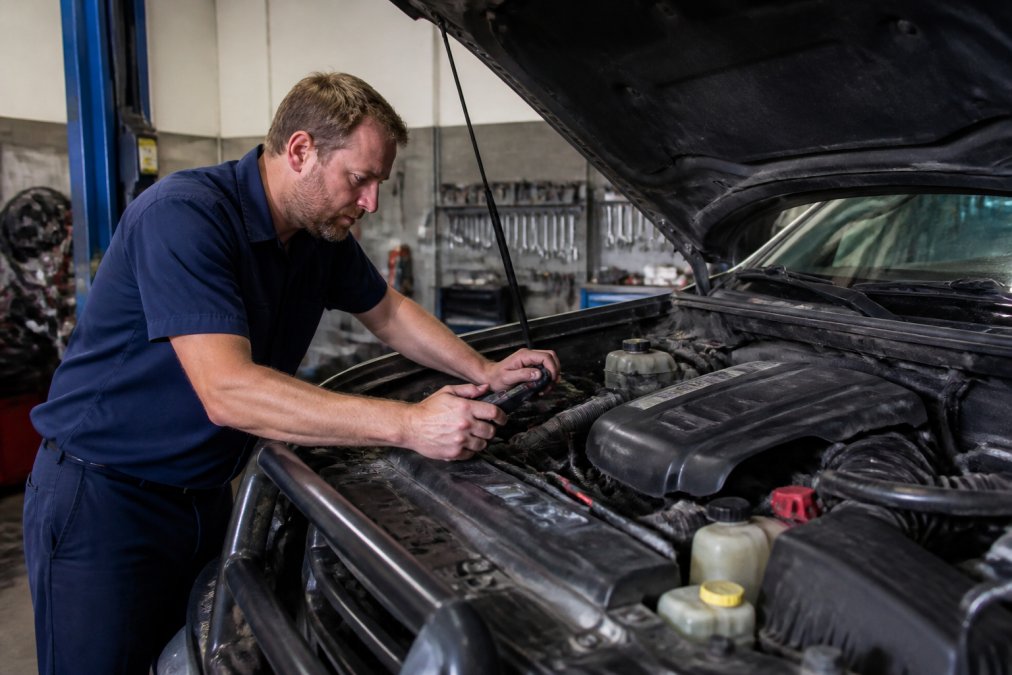 Professional mechanic in work uniform using modern diagnostic equipment to inspect a vehicle engine in a well-lit modern workshop with tools organized on the wall