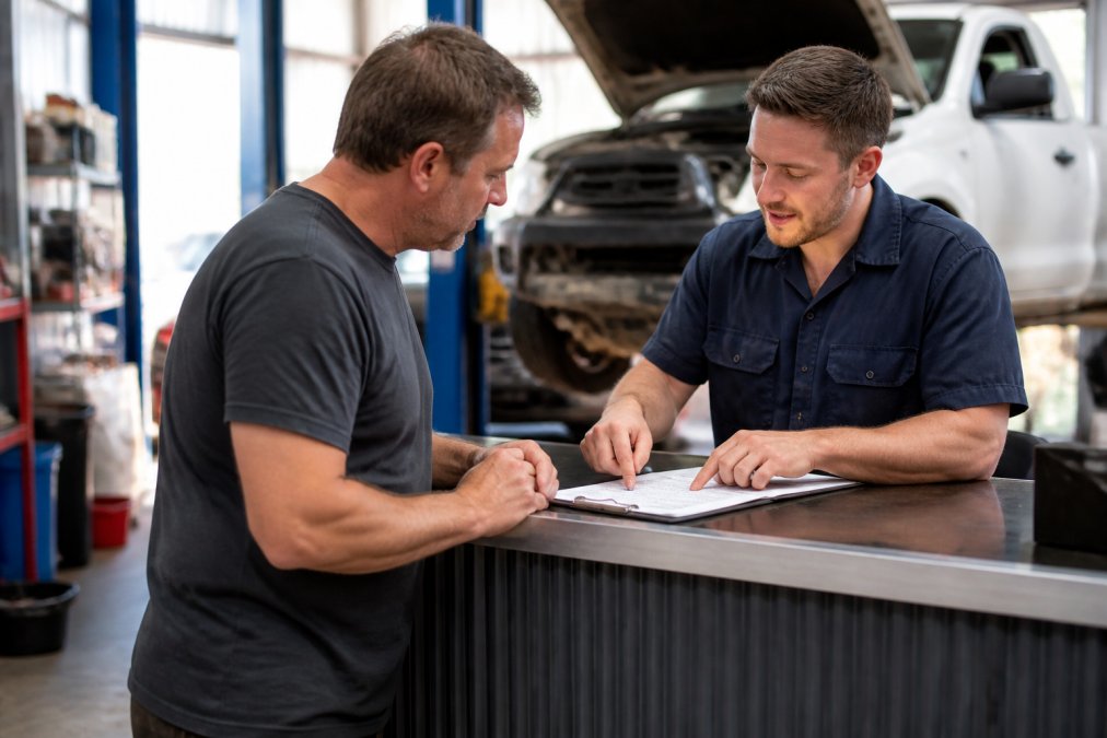 Customer speaking with a mechanic at a service desk in a bright workshop, reviewing printed paperwork and discussing vehicle issues, with the mechanic pointing to notes on the work order