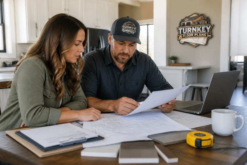 A homeowner and contractor reviewing blueprints and license documents at a kitchen table, with a laptop showing a contractor's website in the background