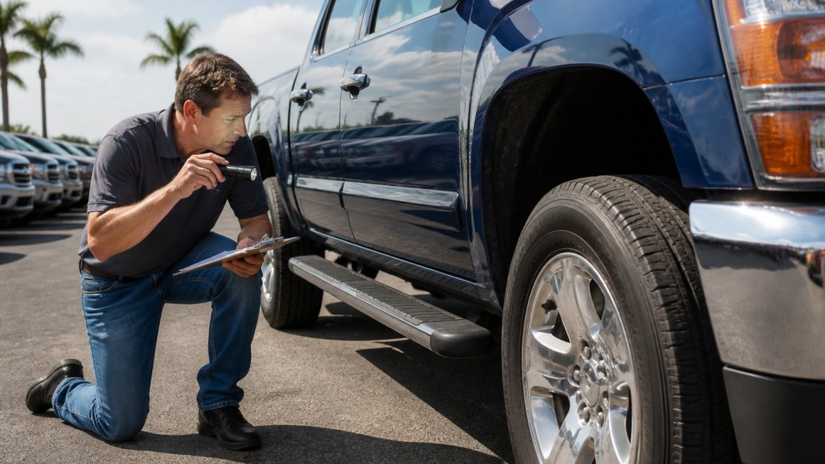 A buyer kneeling beside a used pickup truck in a dealership lot, holding a flashlight and clipboard, inspecting the tires and lower body panels on a sunny Gulf Coast afternoon