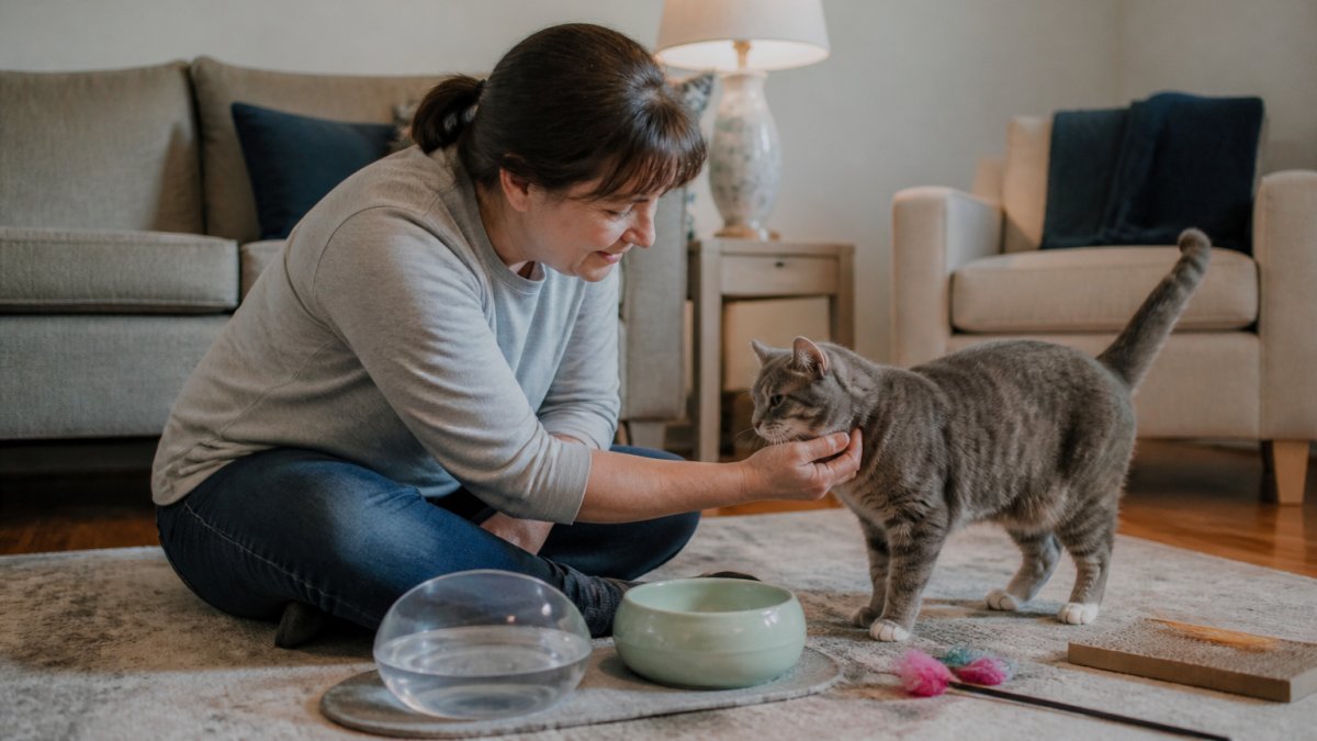 Professional pet sitter gently interacting with a senior gray cat on a living room floor with water and toys nearby.