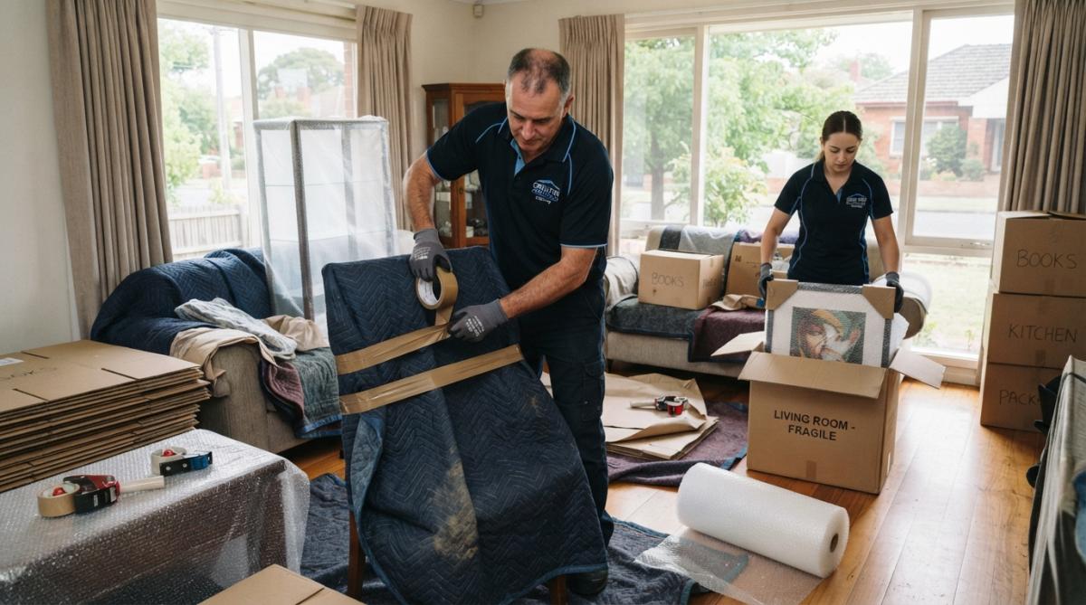 Professional removalists carefully wrapping delicate furniture and glassware with protective padding and bubble wrap in a residential living room with natural daylight