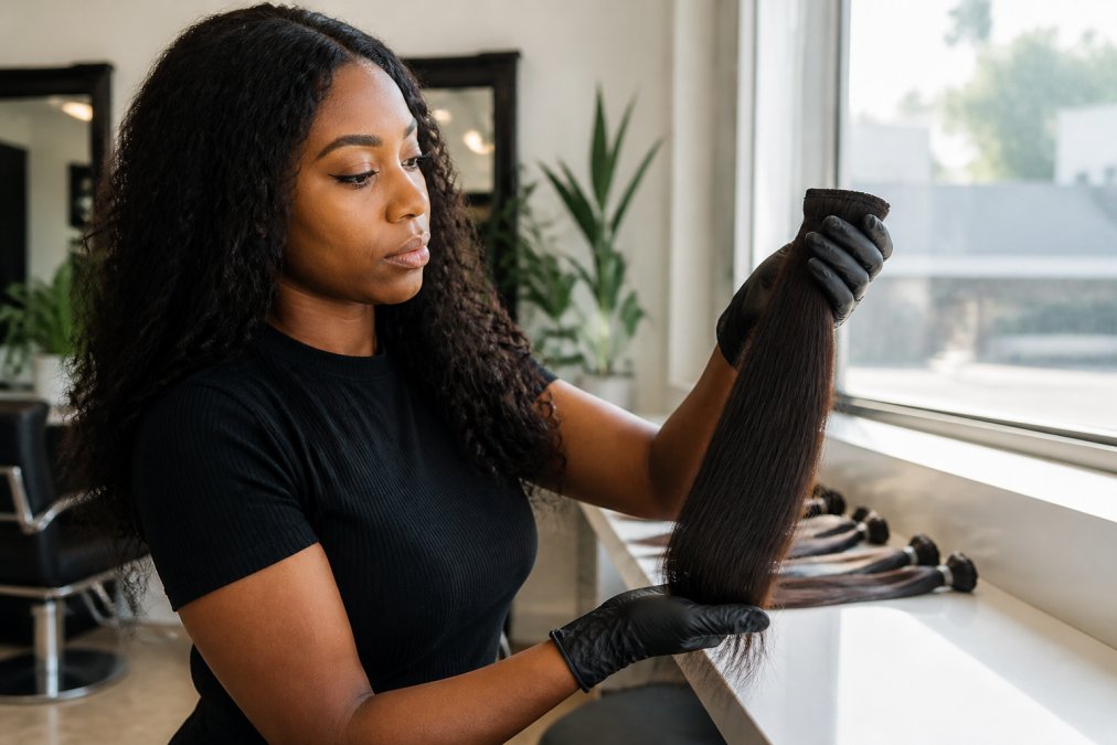 A hair extension specialist in a bright salon examining a bundle of virgin hair under natural light, checking the cuticle alignment with gloved hands